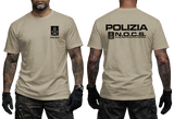 khaki crewneck t-shirt featuring the Italian Police N.O.C.S. (Nucleo Operativo Centrale di Sicurezza) insignia with a small left-chest emblem and a large back print showing POLIZIA and the N.O.C.S. tactical unit logo.