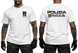 white crewneck t-shirt featuring the Italian Police N.O.C.S. (Nucleo Operativo Centrale di Sicurezza) insignia with a small left-chest emblem and a large back print showing POLIZIA and the N.O.C.S. tactical unit logo.