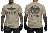 Two-view composite image of a khaki t-shirt featuring Roman-inspired SPQR graphics. The left side shows the front of the shirt with a small emblem. The right side shows the back of the shirt with a large imperial eagle graphic and 'SPQR' text. The shirt is displayed on a male model with tattooed arms and tactical gloves.