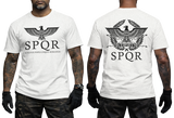 Two-view composite image of a white t-shirt featuring Roman-inspired SPQR graphics. The left side shows the front of the shirt with a small emblem. The right side shows the back of the shirt with a large imperial eagle graphic and 'SPQR' text. The shirt is displayed on a male model with tattooed arms and tactical gloves.