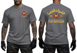 Jordanian 71st Special Forces Battalion T-Shirt in charcoal gray with a front special forces insignia and a bold back design featuring Arabic lettering and 71st Battalion graphics
