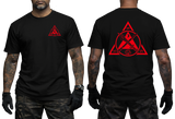 Front and back mockup of a black t-shirt featuring a red Kali Eskrima martial arts logo. The design shows a tactical triangle emblem with crossed sticks, a blade, a fist, and Baybayin symbols.