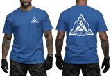 Royal Blue graphic t-shirt showing a red Kali Eskrima martial arts emblem on the front and back. Detailed Filipino stick fighting design for martial artists.