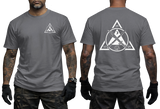 Charcoal gray t-shirt mockup with a red Kali Eskrima martial arts graphic. Front chest and large back print featuring the Filipino martial arts triangle symbol.