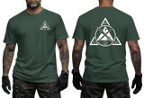 Forest Green short sleeve t-shirt featuring a red Kali Eskrima martial arts logo. Double-sided print showcasing the tactical triangle emblem with crossed weapons.
