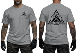 Sports Gray heather t-shirt featuring a vibrant red Kali Eskrima martial arts graphic print. Front pocket-sized logo and large detailed back emblem showing a fist and crossed weapons.