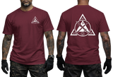 Maroon t-shirt mockup with a red Kali Eskrima martial arts graphic. Front chest and large back print featuring the Filipino martial arts triangle symbol.