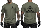 Military Green tactical t-shirt with a red Kali Eskrima martial arts design. Features the Filipino martial arts triangle emblem with crossed sticks, a blade, and ancient script.