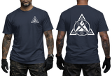 Navy blue martial arts t-shirt featuring a red Kali Eskrima graphic logo. Front chest print and large back print showing a triangle emblem with crossed sticks and Filipino martial arts symbols.