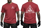 Red graphic tee with a Kali Eskrima martial arts design printed on the front chest and back. High-contrast Filipino stick fighting and blade design emblem.
