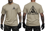 Sand color tactical t-shirt with a red Kali Eskrima martial arts logo. Front and back view of the Filipino martial arts triangle emblem featuring crossed sticks and a blade.