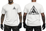 White cotton t-shirt with a bold red Kali Eskrima martial arts emblem. Clean front and back view of the Filipino stick fighting and blade graphic design.