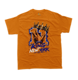 Jalen Brunson King of New York number 11 crown graphic orange t-shirt front view