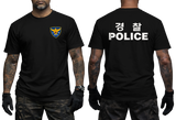 Korean National Police T-Shirt in black featuring a yellow and blue police emblem on the front chest and bold Korean 경찰 and POLICE lettering on the back.