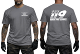 Front and back view of a tattooed male model wearing a tactical Charcoal Gray t-shirt. The left chest features a small white winged "KOREA FIRE SERVICE" emblem. The back showcases a large white "119" graphic with Korean Hangeul text "구조대" above it and "KOREA FIRE SERVICE" printed below.