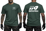 Front and back view of a tattooed male model wearing a tactical Forest Green t-shirt. The left chest features a small white winged "KOREA FIRE SERVICE" emblem. The back showcases a large white "119" graphic with Korean Hangeul text "구조대" above it and "KOREA FIRE SERVICE" printed below.