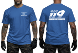 Front and back view of a tattooed male model wearing a tactical Royal Blue t-shirt. The left chest features a small white winged "KOREA FIRE SERVICE" emblem. The back showcases a large white "119" graphic with Korean Hangeul text "구조대" above it and "KOREA FIRE SERVICE" printed below.