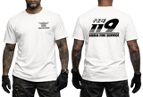 Front and back view of a tattooed male model wearing a tactical White t-shirt. The left chest features a small black winged "KOREA FIRE SERVICE" emblem. The back showcases a large black "119" graphic with Korean Hangeul text "구조대" above it and "KOREA FIRE SERVICE" printed below.