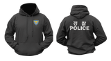 Korean National Police Hoodie in black featuring a blue and yellow police emblem on the front chest and bold white Korean 경찰 and POLICE lettering on the back.