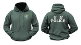 Korean National Police Hoodie in dark green featuring a blue and yellow police badge on the front and bold white Korean 경찰 and POLICE graphics on the back.