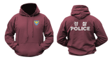Korean National Police Hoodie in maroon with a South Korean police emblem on the front chest and large white 경찰 POLICE lettering on the back.
