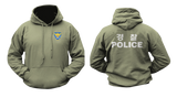 Korean National Police Hoodie in military green featuring a blue and yellow police emblem on the front and bold white Korean 경찰 and POLICE lettering on the back.