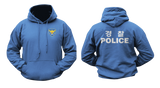 Korean National Police Hoodie in royal blue featuring a blue and yellow police emblem on the front chest and bold white Korean 경찰 and POLICE graphics on the back.
