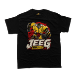 Kotetsu Jeeg Classic Japanese Mecha Anime T-Shirt featuring a vintage graphic of the steel super robot hero with Japanese kanji script against a red sun on a black tee.