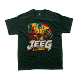 Kotetsu Jeeg Classic Japanese Mecha Anime T-Shirt featuring a vintage graphic of the steel super robot hero with Japanese kanji script against a red sun on a dark green tee.