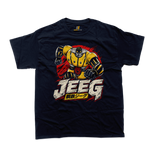 Kotetsu Jeeg Classic Japanese Mecha Anime T-Shirt featuring a vintage graphic of the steel super robot hero with Japanese kanji script against a red sun on a navy tee.