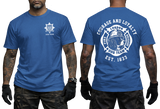 London Fire Brigade t-shirt blue - LFB K9 dog team British firefighter heritage t-shirt with front chest logo and back graphic