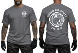 London Fire Brigade t-shirt dark grey - LFB K9 dog team British firefighter heritage t-shirt with front chest logo and back graphic