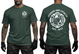 London Fire Brigade t-shirt dark green - LFB K9 dog team British firefighter heritage t-shirt with front chest logo and back graphic