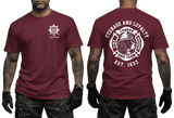 London Fire Brigade t-shirt maroon - LFB K9 dog team British firefighter heritage t-shirt with front chest logo and back graphic