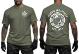 London Fire Brigade t-shirt military green - LFB K9 dog team British firefighter heritage t-shirt with front chest logo and back graphic