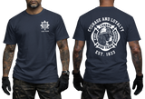 London Fire Brigade t-shirt navy - LFB K9 dog team British firefighter heritage t-shirt with front chest logo and back graphic