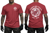 London Fire Brigade t-shirt red - LFB K9 dog team British firefighter heritage t-shirt with front chest logo and back graphic