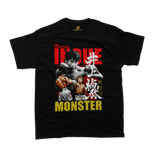 A front view of a black t-shirt featuring a detailed, vintage-style graphic portrait and action montage of Japanese boxing champion Naoya Inoue. The design includes a distressed close-up image of Inoue's face, a red circular background resembling the Japanese flag, a full-body graphic of another fighter performing a body shot, bold red typography of 'Naoya INOUE', white Japanese Kanji characters for 'Inoue Naoya' (井上 尚弥), and a large yellow 'MONSTER' text at the bottom. A small 'Rated R - Restricted' label 