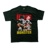A front view of a green t-shirt featuring a detailed, vintage-style graphic portrait and action montage of Japanese boxing champion Naoya Inoue. The design includes a distressed close-up image of Inoue's face, a red circular background resembling the Japanese flag, a full-body graphic of another fighter performing a body shot, bold red typography of 'Naoya INOUE', white Japanese Kanji characters for 'Inoue Naoya' (井上 尚弥), and a large yellow 'MONSTER' text at the bottom. A small 'Rated R - Restricted' label 