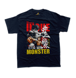 A front view of a navy t-shirt featuring a detailed, vintage-style graphic portrait and action montage of Japanese boxing champion Naoya Inoue. The design includes a distressed close-up image of Inoue's face, a red circular background resembling the Japanese flag, a full-body graphic of another fighter performing a body shot, bold red typography of 'Naoya INOUE', white Japanese Kanji characters for 'Inoue Naoya' (井上 尚弥), and a large yellow 'MONSTER' text at the bottom. A small 'Rated R - Restricted' label 