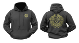 Black New Zealand Army 28 Maori Battalion hoodie mockup showing a small golden front chest crest and a large back print featuring the official unit emblem with a traditional laurel wreath