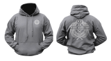 charcoal New Zealand Army 28 Maori Battalion hoodie mockup showing a small golden front chest crest and a large back print featuring the official unit emblem with a traditional laurel wreath