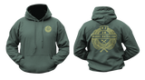 forest green New Zealand Army 28 Maori Battalion hoodie mockup showing a small golden front chest crest and a large back print featuring the official unit emblem with a traditional laurel wreath
