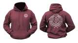 maroon New Zealand Army 28 Maori Battalion hoodie mockup showing a small golden front chest crest and a large back print featuring the official unit emblem with a traditional laurel wreath