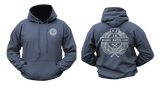 navy New Zealand Army 28 Maori Battalion hoodie mockup showing a small golden front chest crest and a large back print featuring the official unit emblem with a traditional laurel wreath