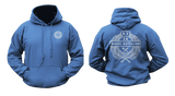 royal blue New Zealand Army 28 Maori Battalion hoodie mockup showing a small golden front chest crest and a large back print featuring the official unit emblem with a traditional laurel wreath