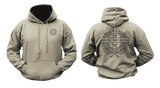 sand New Zealand Army 28 Maori Battalion hoodie mockup showing a small golden front chest crest and a large back print featuring the official unit emblem with a traditional laurel wreath