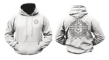 white New Zealand Army 28 Maori Battalion hoodie mockup showing a small golden front chest crest and a large back print featuring the official unit emblem with a traditional laurel wreath