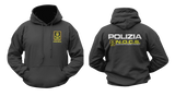 Black hoodie featuring the Italian Police N.O.C.S. (Nucleo Operativo Centrale di Sicurezza) insignia with a small left-chest emblem, a front kangaroo pocket, and a large back print showing POLIZIA and the N.O.C.S. tactical unit logo.