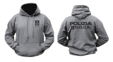 dark grey hoodie featuring the Italian Police N.O.C.S. (Nucleo Operativo Centrale di Sicurezza) insignia with a small left-chest emblem, a front kangaroo pocket, and a large back print showing POLIZIA and the N.O.C.S. tactical unit logo.